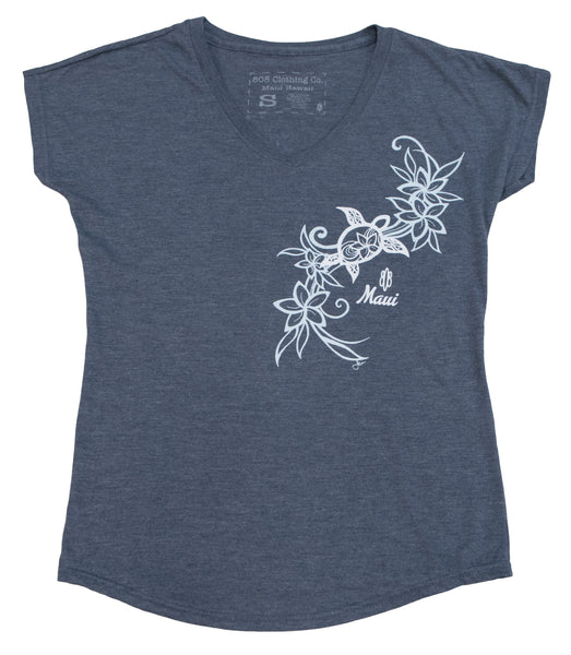 Flower Honu2 (Turtle) Ladies V-Neck (Small Only)