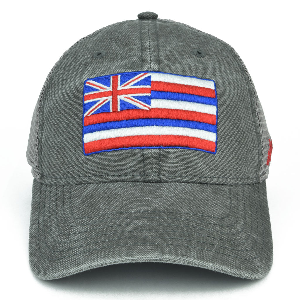 Heritage Pride Hawaii State Flag Trucker Hat – Embroidered Mesh Snapback, Graphite/White
